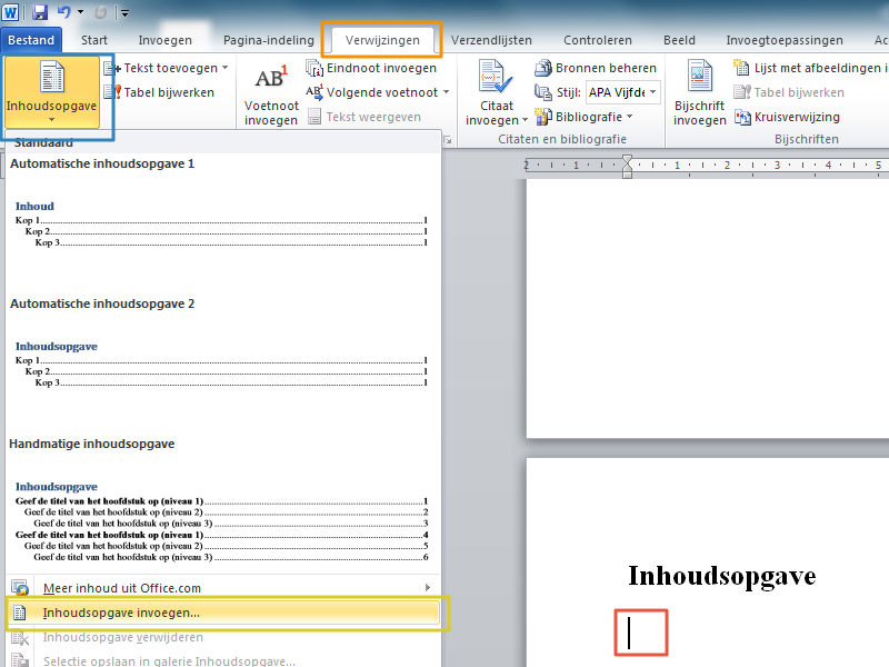 Inhoudsopgave maken in Office 2010 stap 8