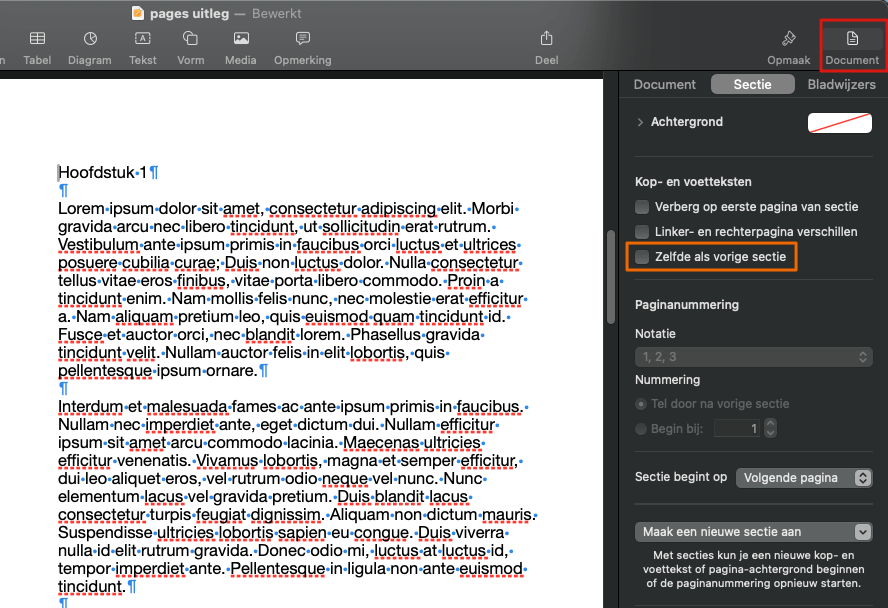 Secties & paginanummers instellen in Apple Pages