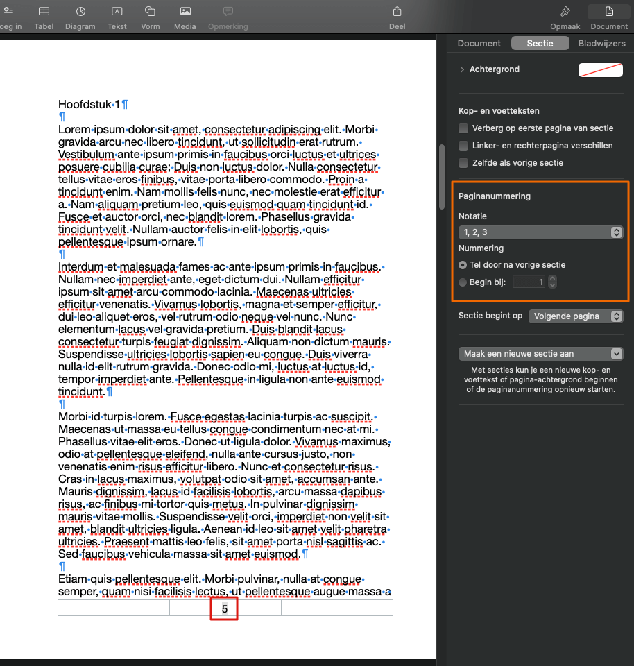 Secties & paginanummers instellen in Apple Pages